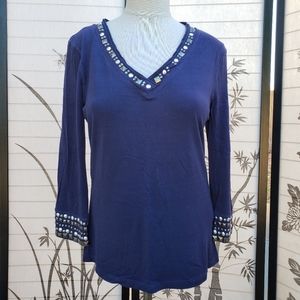 Women's Navy Blue Studded V-Neck Long Sleeve Top
